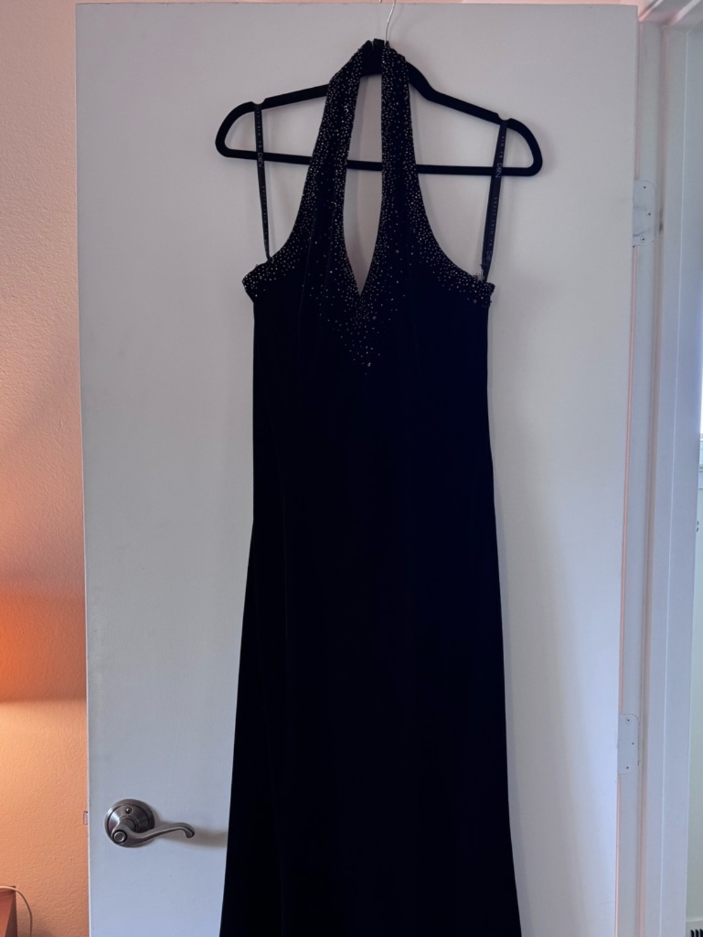 Niki Lavis Black Halter Evening Gown with Beaded Neckline